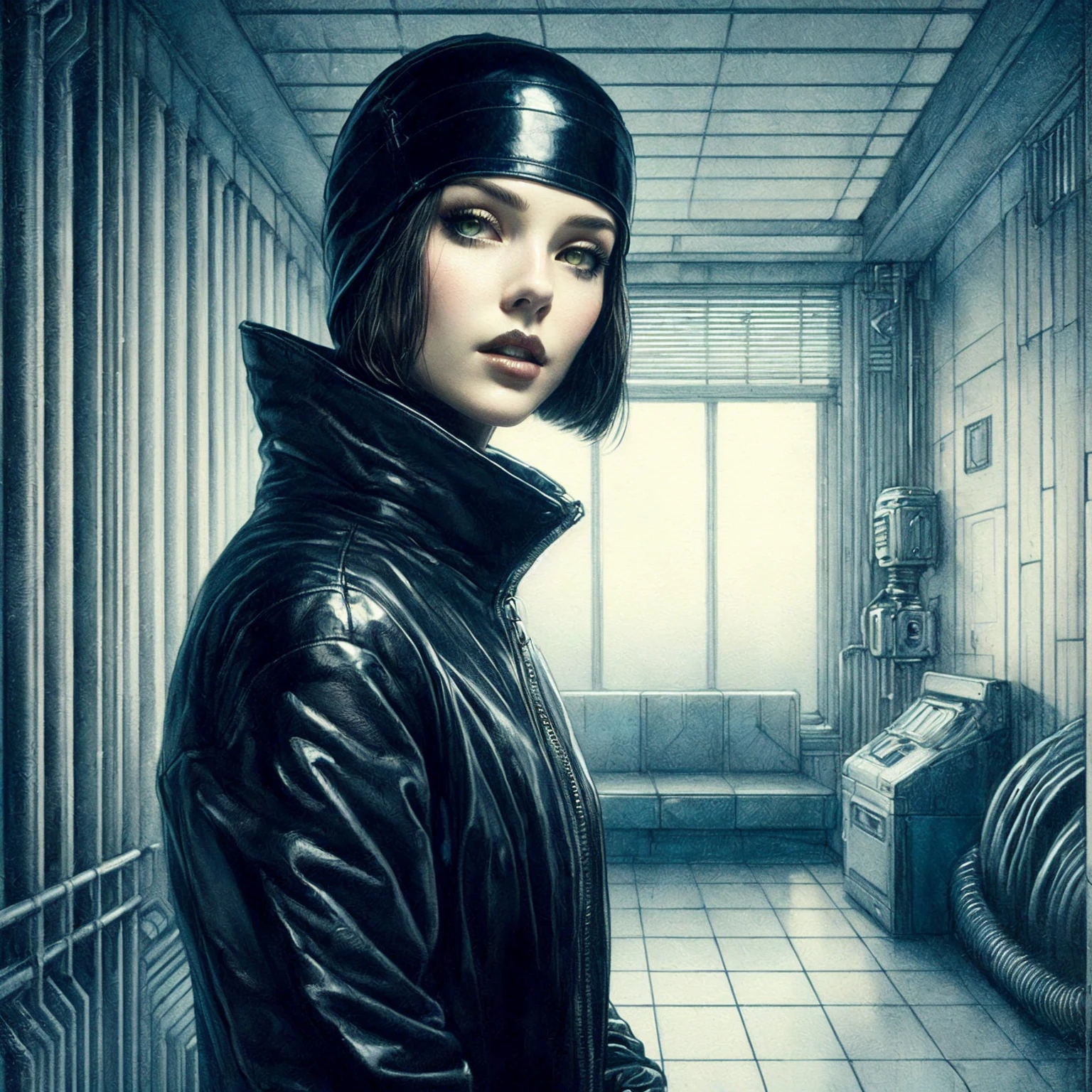 there is a woman in a black leather jacket and hat, beauty blade runner woman, inspired by Barclay Shaw, cyberpunk femme fatale, cyberpunk judy alvarez, cyberpunk women, art deco sci fi, cyberpunk themed art, cyberpunk art style, tom bagshaw style, the cyberpunk girl portrait, cyberpunk mona lisa, drawn in a neo - noir style, artstyle tom bagshaw