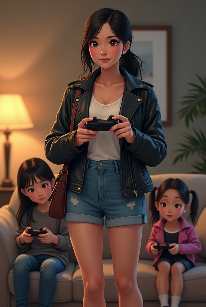 Jeune femme asiatique cheveux attaché veste cuir mini short jean grand sac a main, elle est grosse, elle fait du jeu vidéo avec ses filles 