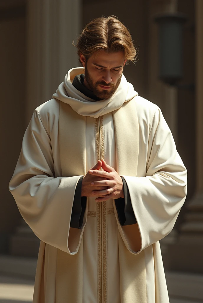 A brown haired man, Brown eyes and white skin dressed as a priest