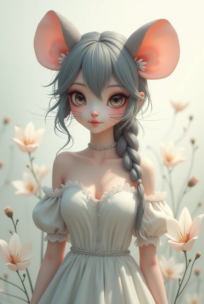 one girl, mice ears, , pure, cute naked, topless, a Woman mice mix, human Body, big tits, furry and skin, mice nose but the Rest of the face ist human, (((whiskers))) big eyes, Grey fur, Cat eyes, hybride 30 %mice an 70 % human, face mostly woman, Grey Hair , braid, fur instead of skin at Body Arms and shoulders and neck, tits are human, human Body, the mice nose ist hairy