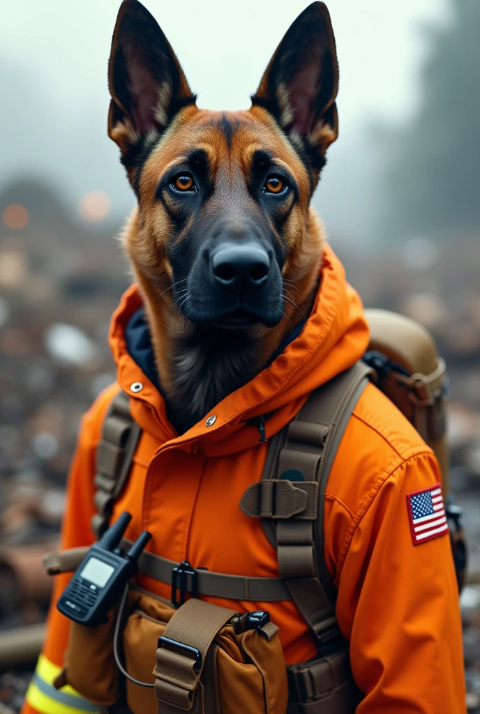 A Belgian Malinois wearing a pixelated orange firefighter uniform with brown, This dog will act in searches and rescues of people in natural disasters 