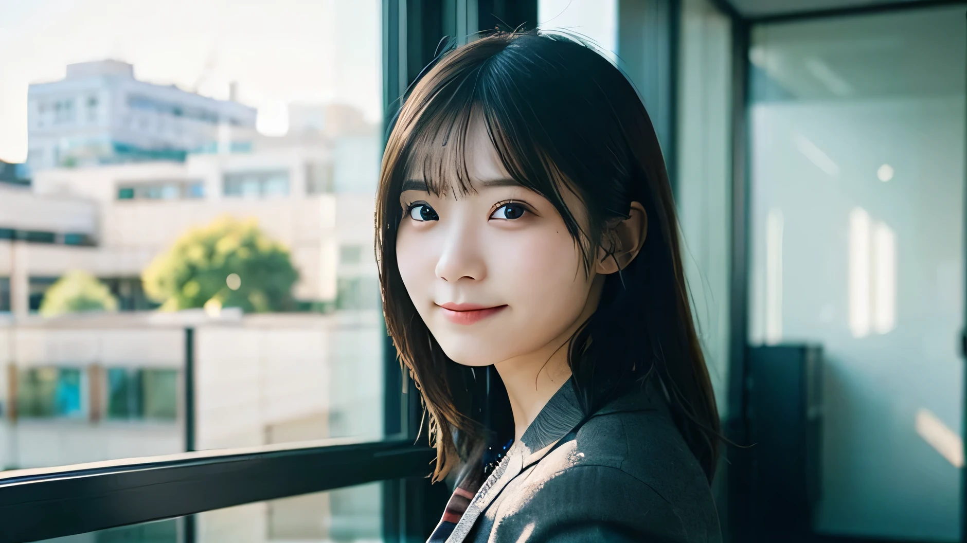One person, young woman, , photograph, Realistic, Highest quality, employment, Detailed face, office, Building seen from the window, Detailed Background, Diffused sunlight, Depth of written boundary, Bokeh