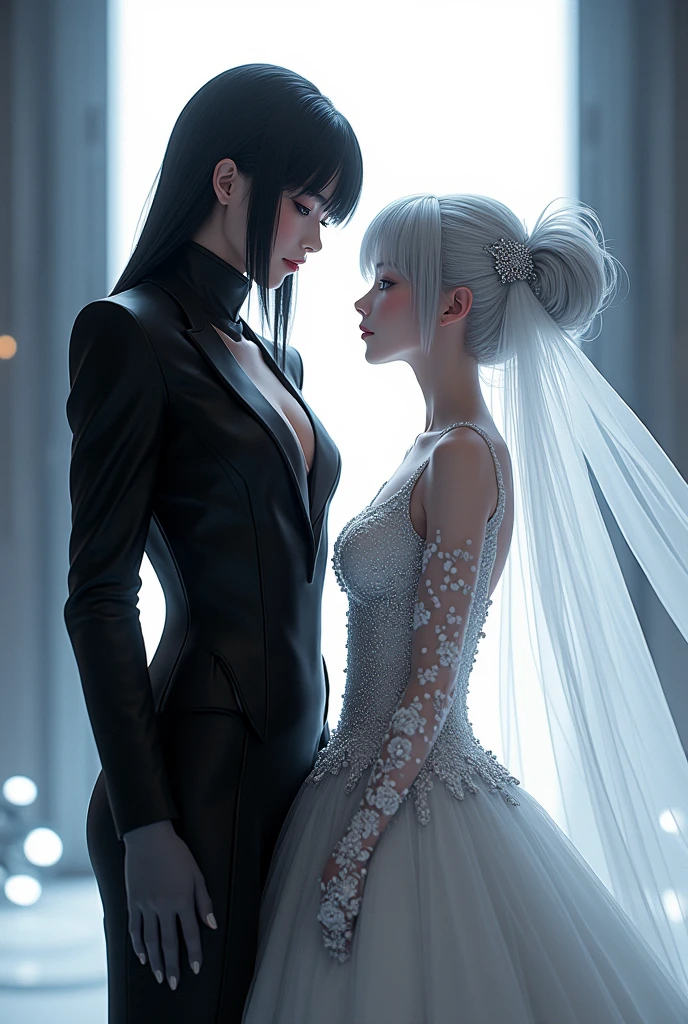 Sanakan and Cibo from Blame! Manga in a wedding dress), (sci-fi theme) suit black hair, dress striking silver hair, Futuristic atmosphere Emphasizes radiance pure atmosphere Intricate details of the outfit A soft but bright light shines from above. Intimate and romantic atmosphere Highly detailed, exceptionally detailed, cinematic quality, emotionally charged scenes.