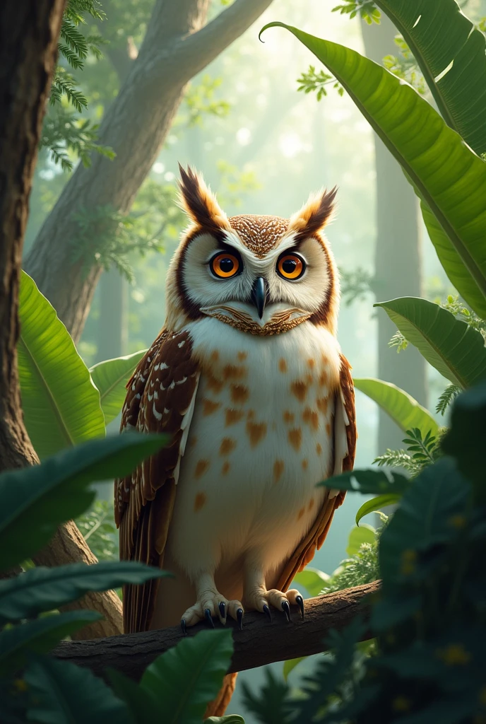 generates an image where you see a large owl in the center and around it a few banana plants and banana trees