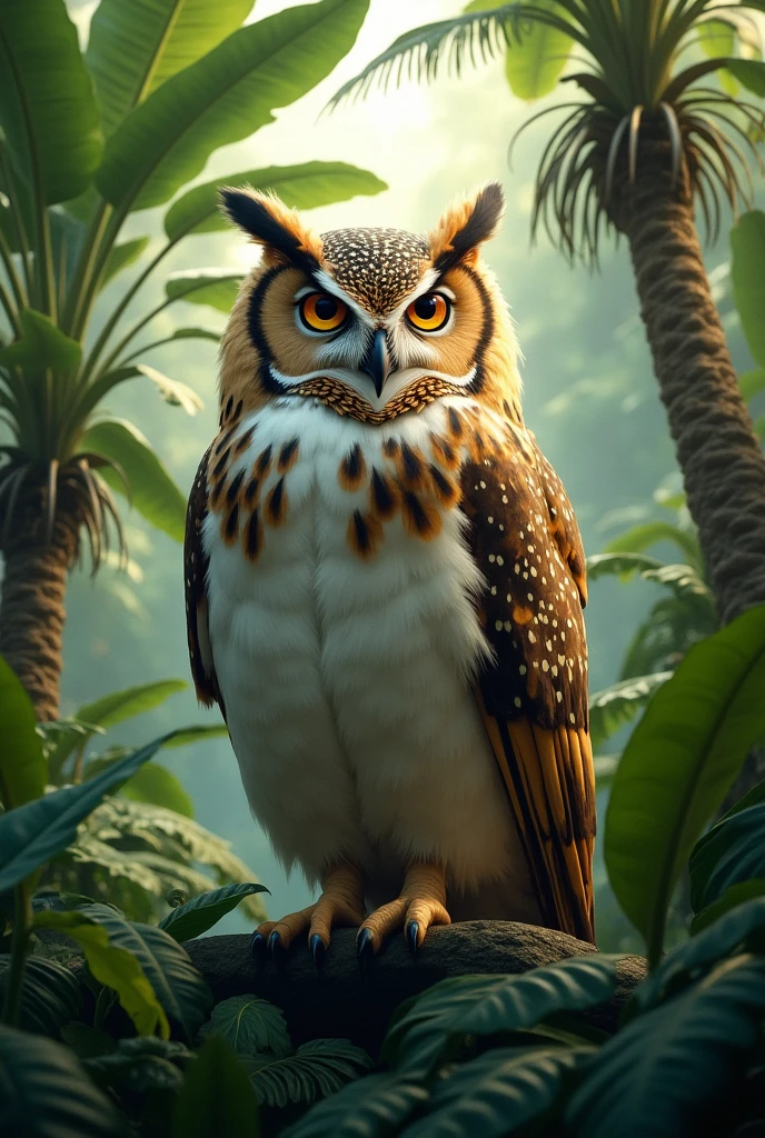 generates an image where you see a large owl in the center and around it a few banana plants and banana trees