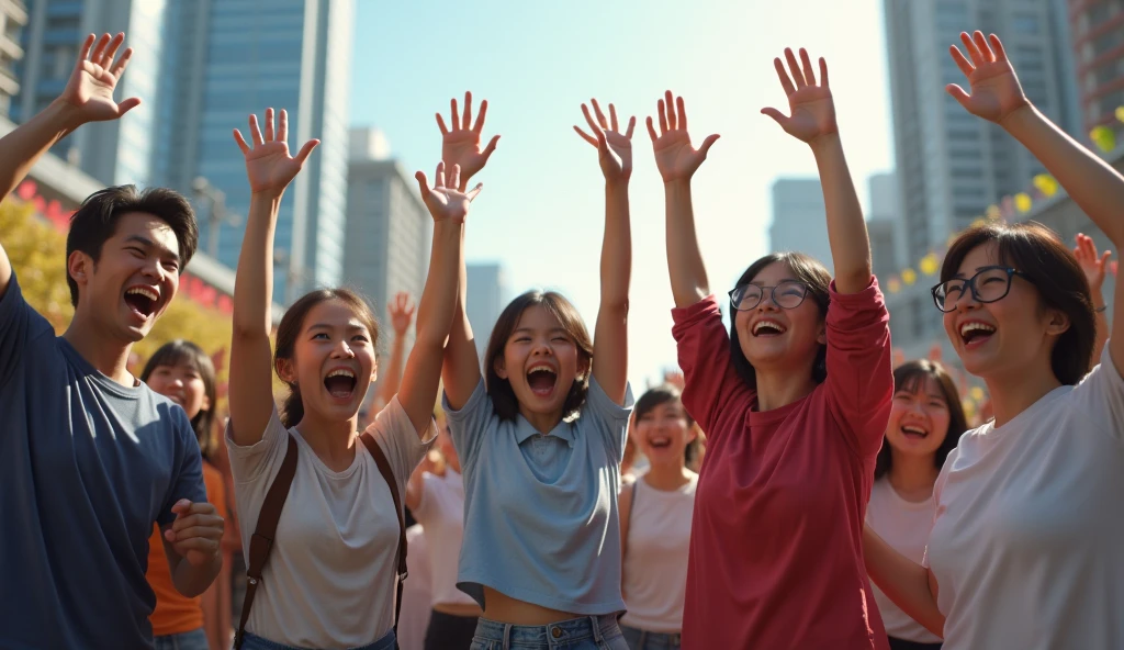 Photorealistic、Ultra HD、Several Japanese people of all ages and genders are celebrating with their arms raised in the air.、The background is the city