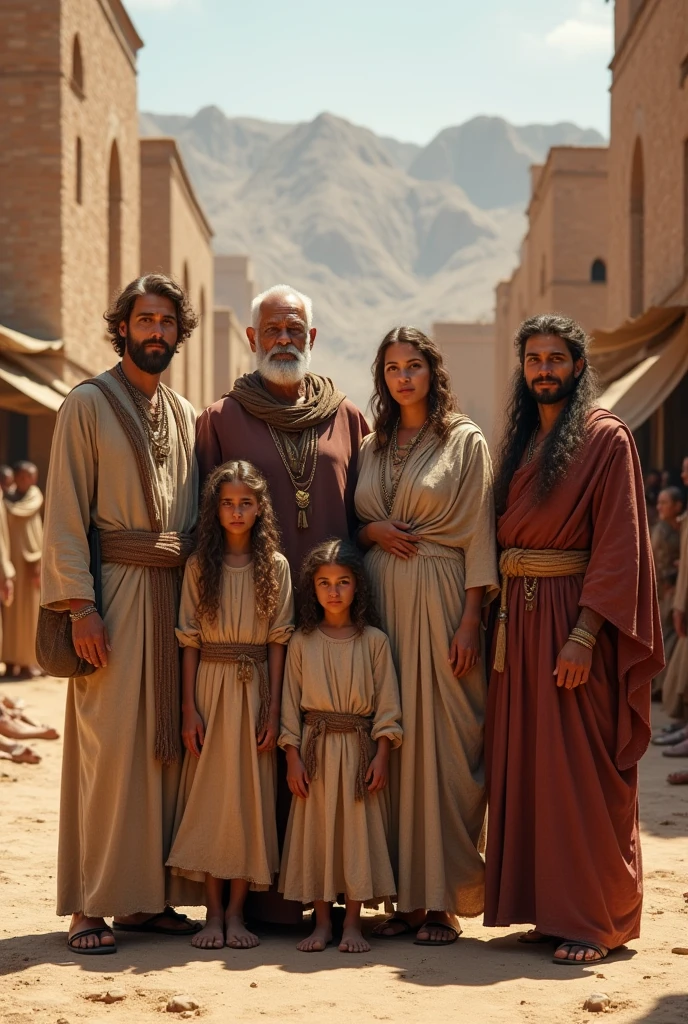 Generate realistic images of elderly couples and their 2 children next to their adult wives, with coarse tunics in the city of Moab that are based on the story of Ruth all the characters must be good looking. All in one image 
