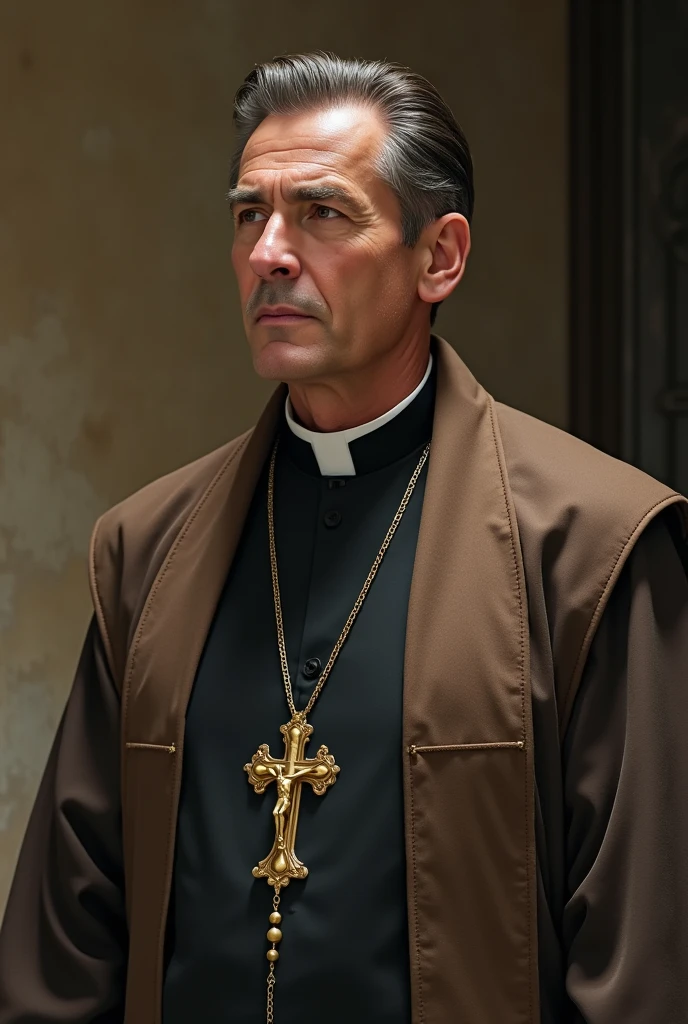 A brown haired man, Brown eyes and white, hairless skin dressed as a priest