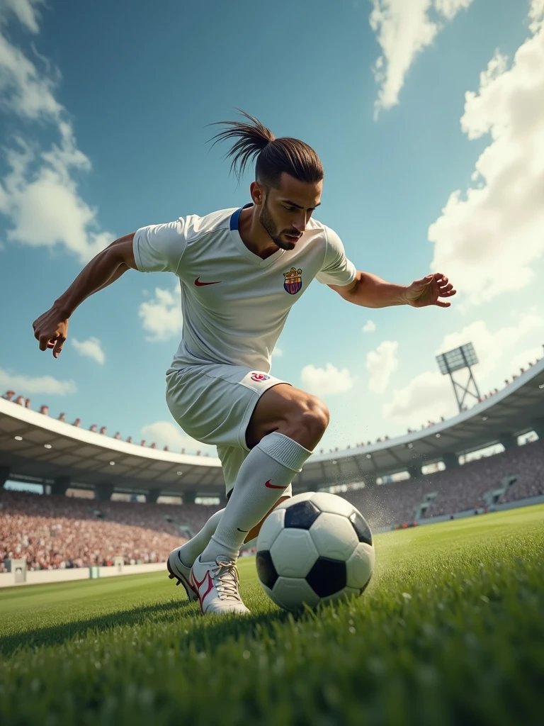 a football player wearing a white shirt kicking towards the goal