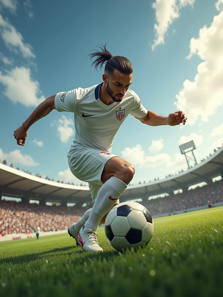 a football player wearing a white shirt kicking towards the goal