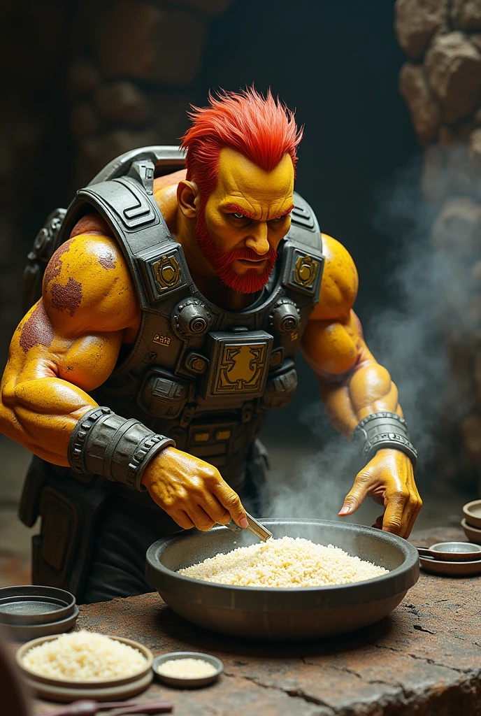 a MALE character named sherman who is yellow-orange and comes from a planet of warriors who has red hair FROM THE VIDEO GAME gears of war COOKING RICE STEP BY STEP


