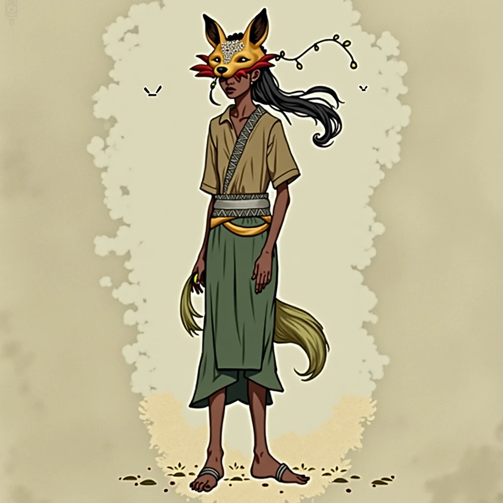 Black girl wearing a fox mask with a string of feathers and small stones, she wears a brown shirt with half-pulled sleeves, a sash around her waist, green wide pants and a sash on her feet. 