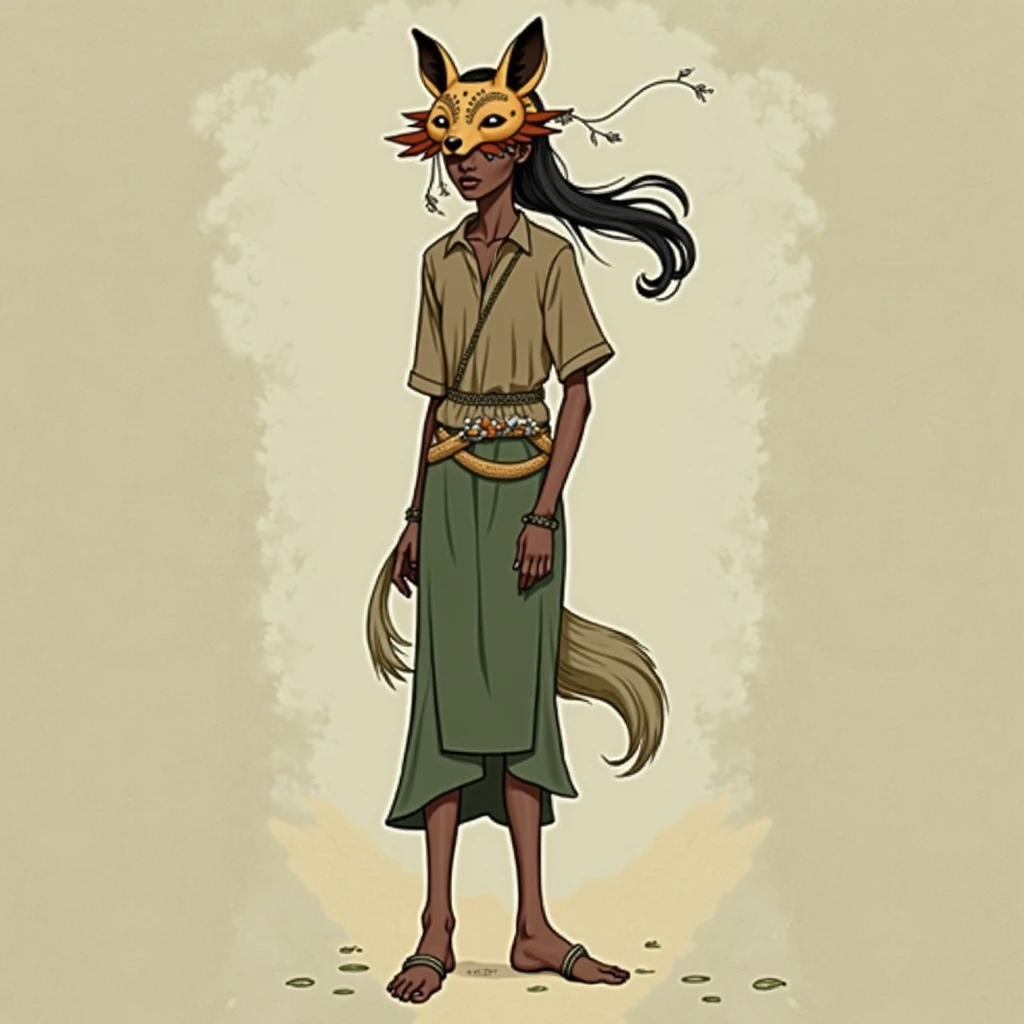 Black girl wearing a fox mask with a string of feathers and small stones, she wears a brown shirt with half-pulled sleeves, a sash around her waist, green wide pants and a sash on her feet.