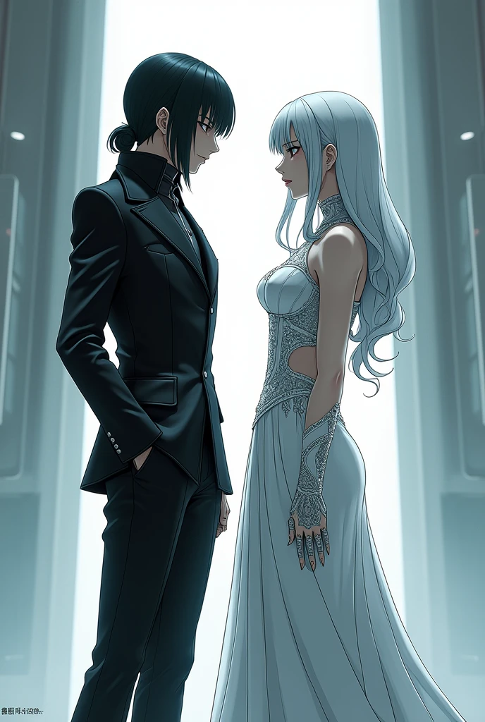 Sanakan and Cibo from Blame! Manga in a wedding dress), (sci-fi theme) suit black hair, dress striking silver hair, Futuristic atmosphere Emphasizes radiance pure atmosphere Intricate details of the outfit A soft but bright light shines from above. Intimate and romantic atmosphere Highly detailed, exceptionally detailed, cinematic quality, emotionally charged scenes.