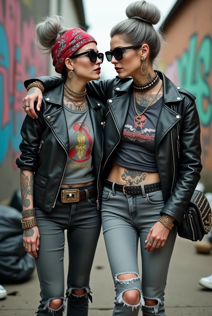 Two russian milf women,  one with the arm over the shoulder of the other (who feels a bit dizzy). grey hair (one: bouffant, top bun. The other, straight and middle part}and one wearing oversized square sunglasses and wide  colourful bandana as headband), with very light green eyes, extremely pale. Big lips. No tan. Wearing aged black moto jacket (zippers on the side, skull and bones pins).  Both: different old worn grey t-shirt with rock band logo. Both:,  dark grey worn jeans {with holes on knees). White tennis sneakers. . Lots of thick wide studded bracelets, chain collars and big rings. Both, high boots. Tacky wide studded leather belt with big skull and bones oval buckle. Long earrings with chains and feathers. Squatting with hands on knees or lap, stretching her neck, craving., Neck, chest, stomach and wrists heavily tattoed. Toned abdominals, thin neck, slim legs and thin arms. Narrow hips and slim legs.  Black leather studded tote bags. Graffitied wall behind, waste on the groun and piled garbage bags around.