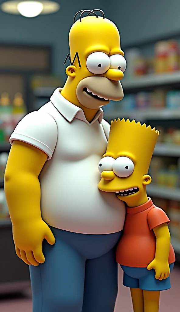 Create an ultra-realistic image of two real people who embody the following characteristics of Homer Simpson and Bart Simpson:
Adult Male (Homer Simpson Inspiration): This person should have a stocky build with a prominent belly. Their skin tone should be normal, but with a slightly pale hue. They should have sparse blonde hair, styled with two small bald patches on top. They should wear a white short-sleeve shirt and blue pants. Their expression should be relaxed and carefree, with a hint of confusion or amusement, similar to Homer’s typical demeanor.
Child (Bart Simpson Inspiration): This person should have a normal skin tone and spiky blonde hair. They should wear a red T-shirt and blue shorts, with a mischievous and energetic smile, reflecting Bart’s playful personality.
Place them in a familiar setting, such as a grocery store or a park, to reflect a father-son dynamic. The adult should be looking at the child with a mix of exasperation and affection, while the child should appear lively and ready for mischief.
Use a high-resolution camera with a 24-70mm f/2.8 lens, setting the aperture to f/4 to keep both subjects in focus. Set the ISO to 400 and the shutter speed to 1/125s. Light the scene with a soft light from a 45-degree angle to highlight details and avoid harsh shadows. Use a reflector or fill light to soften shadows on their faces. Include a soft background light to illuminate the setting without distracting from the main subjects.