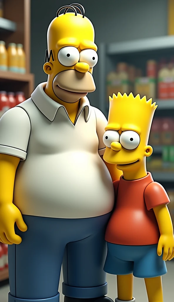Create an ultra-realistic image of two real people who embody the following characteristics of Homer Simpson and Bart Simpson:
Adult Male (Homer Simpson Inspiration): This person should have a stocky build with a prominent belly. Their skin tone should be normal, but with a slightly pale hue. They should have sparse blonde hair, styled with two small bald patches on top. They should wear a white short-sleeve shirt and blue pants. Their expression should be relaxed and carefree, with a hint of confusion or amusement, similar to Homer’s typical demeanor.
Child (Bart Simpson Inspiration): This person should have a normal skin tone and spiky blonde hair. They should wear a red T-shirt and blue shorts, with a mischievous and energetic smile, reflecting Bart’s playful personality.
Place them in a familiar setting, such as a grocery store or a park, to reflect a father-son dynamic. The adult should be looking at the child with a mix of exasperation and affection, while the child should appear lively and ready for mischief.
Use a high-resolution camera with a 24-70mm f/2.8 lens, setting the aperture to f/4 to keep both subjects in focus. Set the ISO to 400 and the shutter speed to 1/125s. Light the scene with a soft light from a 45-degree angle to highlight details and avoid harsh shadows. Use a reflector or fill light to soften shadows on their faces. Include a soft background light to illuminate the setting without distracting from the main subjects.