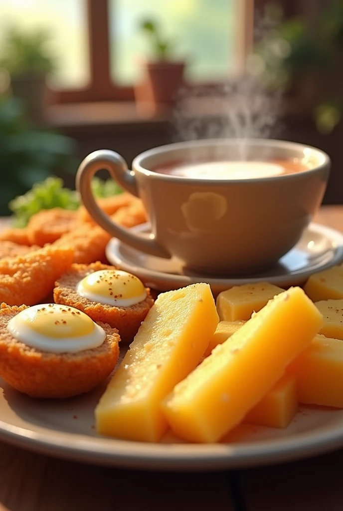 A breakfast that consists of tea with milk, boiled eggs, fried yuca and cheese.