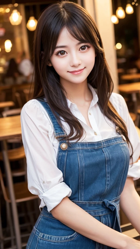 Cute girl working at a cafe terrace　Japanese　１９age　
Professional Lighting　Digital SLR　Beautiful and elaborate face　Perfect and beautiful face　Big eyes Smile