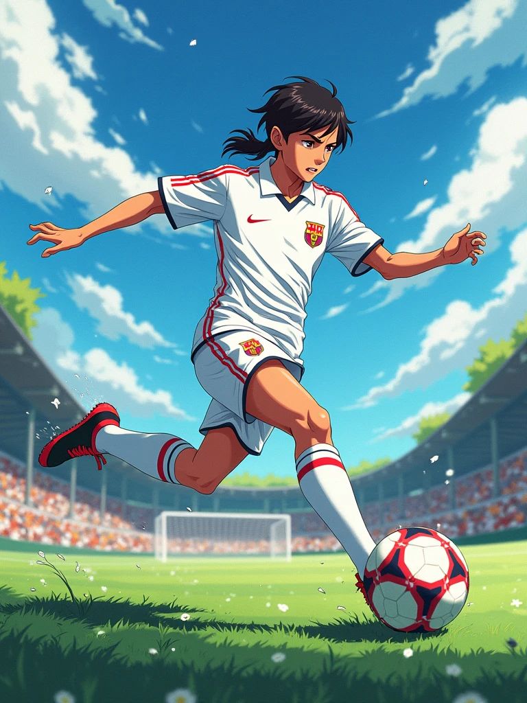 a soccer player in a white shirt kicking the goal anime style