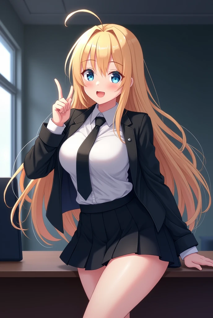Create the following image: The image shows a young woman with long blonde hair, sky blue eyes and white skin. She is sitting on the edge of a table with her legs crossed., With one hand he makes the peace symbol to pose and has a smile on his face. Wear a white long-sleeved blouse, a black tie, a black jacket and a black pleated skirt. The background is a dark office. anime style