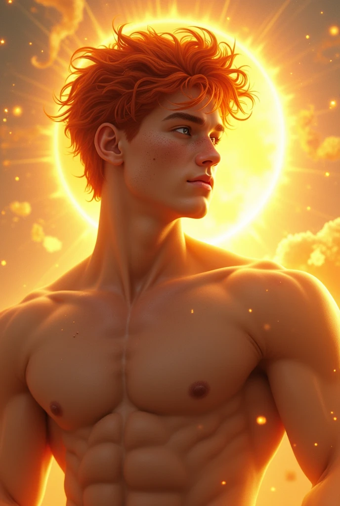 Create a boy, man, male, OF MALE GENDER as God of the sun. With red hair, blue eyes, freckles and Caucasian skin. A realistic image, Please.
