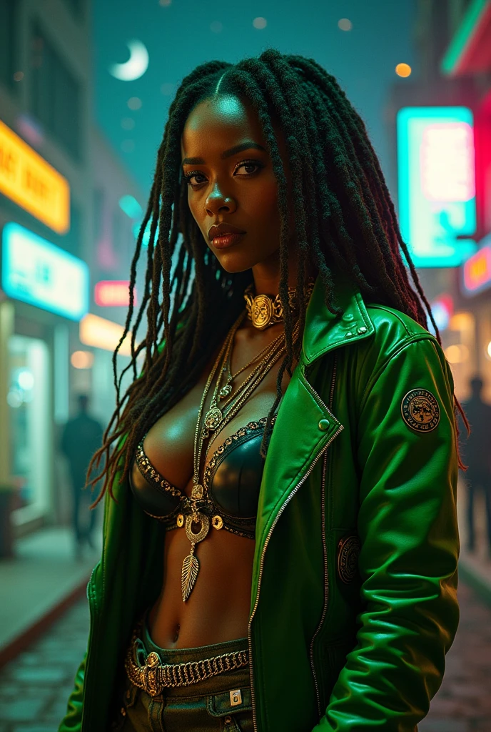 Realistic skin, (((masterpiece)))), full body, realistic cyberpunk queen clothes, green black and silver clothing, rastafarian cyberpunk queen, cyberpunk rastafarian clothes, cyberpunk jamaica with neon, night listen, realistic sky, stars, marijuana, beautiful rastafarian woman with brown dreads, gold, jewelry, cyberpunk egypt, sexy, exotic, erotic, voluptuous, thick, cleavage