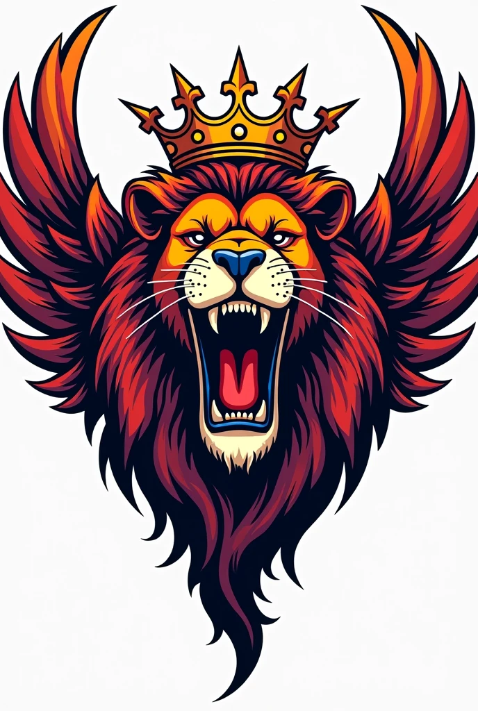 Create a tattoo of a lion's head with two wings on the sides in color roaring with a crown in its mane that does not go below the pectorals