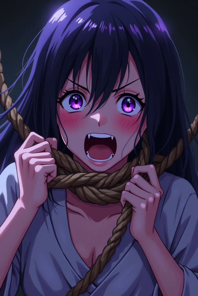 make an anime style girl being hanged, She is a typical Japanese woman and her face is purple, is desperate to escape