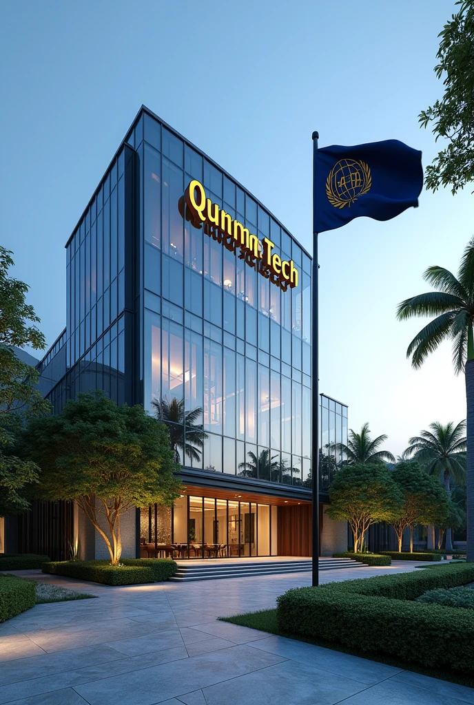 A company headquarters with,
The image showcases a modern building with distinct Singaporean architectural elements. The building features sleek glass facades, clean lines, and an elegant, minimalist design that reflects a blend of modernity and traditional Southeast Asian influences. The structure rises several stories high, with a curved roof inspired by the traditional "Minangkabau" style, slightly flaring at the edges.
At the top of the building, prominently displayed is a large sign that reads "QUANTRA TECH" in bold, metallic letters, illuminated subtly for a sophisticated look. The lettering is centered above the main entrance, which is framed by two large, polished stone pillars.
The building is surrounded by a lush, well-manicured compound, featuring a variety of tropical plants, palm trees, and a koi pond that reflects the building's modern yet organic design. A wide, stone pathway leads to the entrance, bordered by low, neatly trimmed hedges.
Flag Description:
A flagpole stands to the right of the main entrance, positioned near the koi pond. The flag of Apex Global Holdings is flying atop it, featuring a deep navy blue background with a golden emblem at the center. The emblem is a globe encircled by olive branches, symbolizing peace and global reach, with the letters "AGH" elegantly inscribed at the bottom of the globe in a bold, modern font. The flag waves gently in the breeze, adding a sense of dignity and prestige to the setting.
The entire scene is set against a clear blue sky, with the building’s glass facade reflecting the natural surroundings, enhancing the serene and prestigious ambiance of the compound