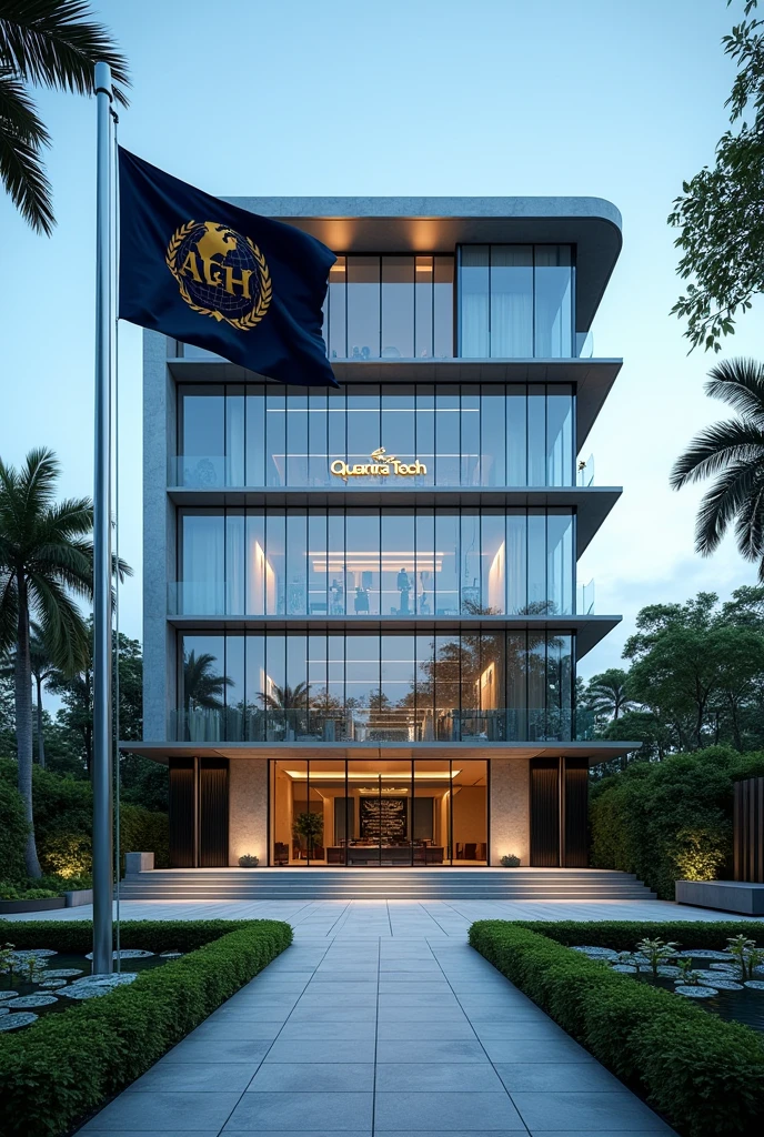 A company headquarters with,
The image showcases a modern building with distinct Singaporean architectural elements. The building features sleek glass facades, clean lines, and an elegant, minimalist design that reflects a blend of modernity and traditional Southeast Asian influences. The structure rises several stories high, with a curved roof inspired by the traditional "Minangkabau" style, slightly flaring at the edges.
At the top of the building, prominently displayed is a large sign that reads "QUANTRA TECH" in bold, metallic letters, illuminated subtly for a sophisticated look. The lettering is centered above the main entrance, which is framed by two large, polished stone pillars.
The building is surrounded by a lush, well-manicured compound, featuring a variety of tropical plants, palm trees, and a koi pond that reflects the building's modern yet organic design. A wide, stone pathway leads to the entrance, bordered by low, neatly trimmed hedges.
Flag Description:
A flagpole stands to the right of the main entrance, positioned near the koi pond. The flag of Apex Global Holdings is flying atop it, featuring a deep navy blue background with a golden emblem at the center. The emblem is a globe encircled by olive branches, symbolizing peace and global reach, with the letters "AGH" elegantly inscribed at the bottom of the globe in a bold, modern font. The flag waves gently in the breeze, adding a sense of dignity and prestige to the setting.
The entire scene is set against a clear blue sky, with the building’s glass facade reflecting the natural surroundings, enhancing the serene and prestigious ambiance of the compound