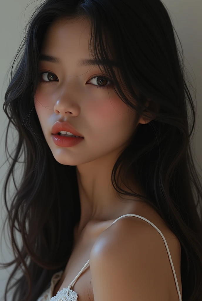 A girl with black hair, Brown skin, Black, straight hair that reached below her chest but without Asian features.