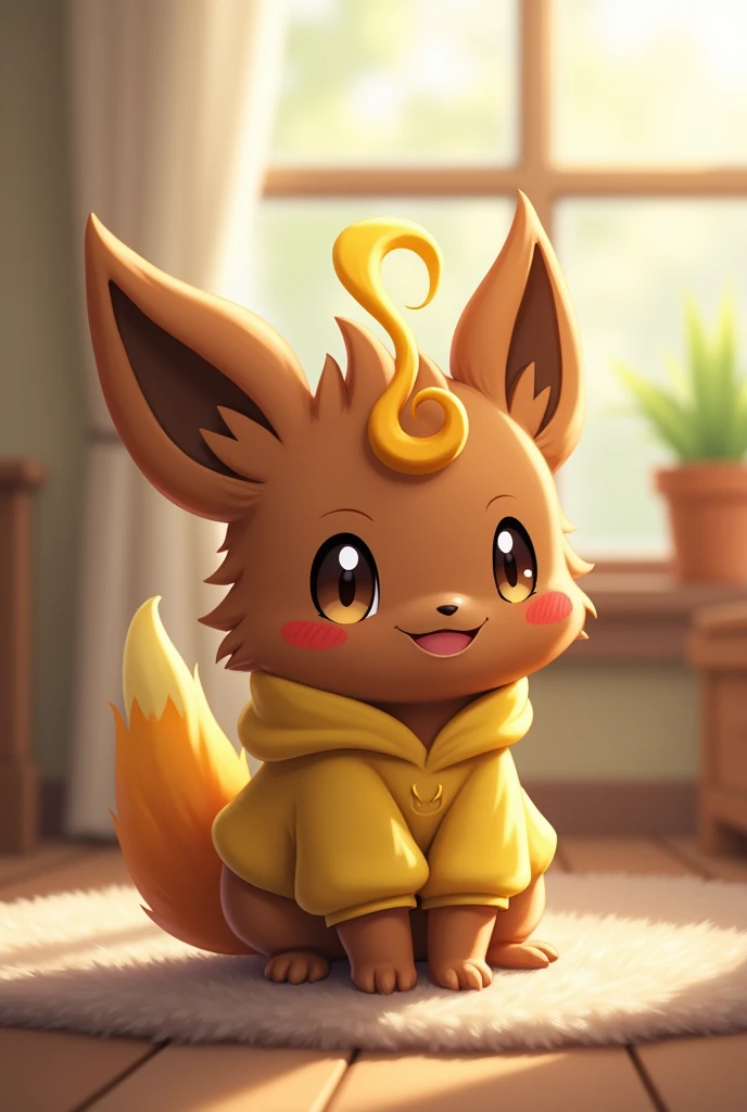 Imagine a small, fairy-type Pokémon with fluffy brown fur covering its body. It stands upright, with a cute, almost mischievous expression on its face. Above its left eye, there's a single strand of hair that curls slightly, with the tip of the strand colored in bright yellow, contrasting nicely with the brown fur. The Pokémon is wearing a cozy yellow hoodie, which fits loosely around its small frame, adding to its adorable appearance.