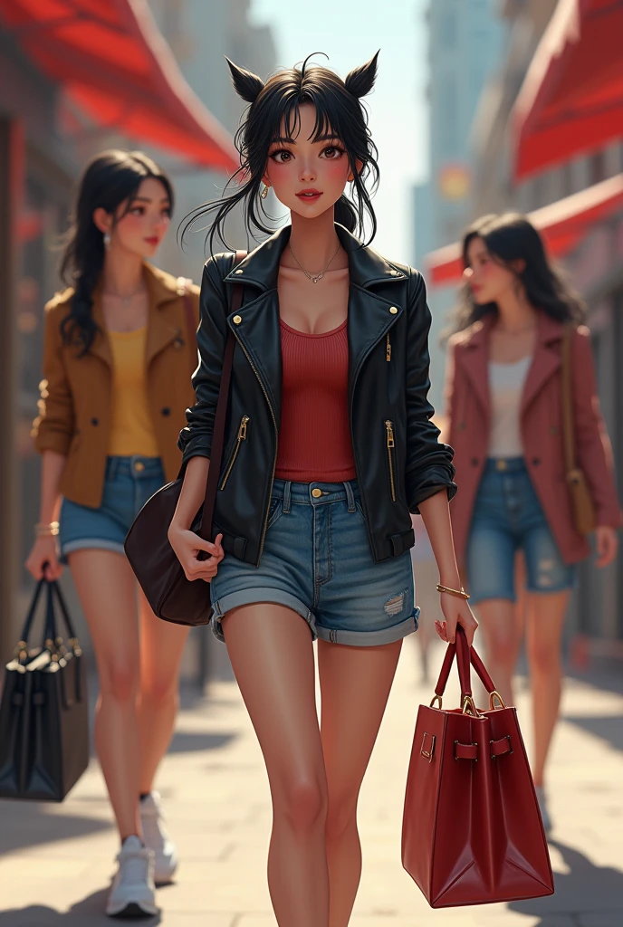 Jeune femme asiatique cheveux attaché veste cuir mini short jean grand sac a main, elle est grosse, elle se maquille avec ses filles 