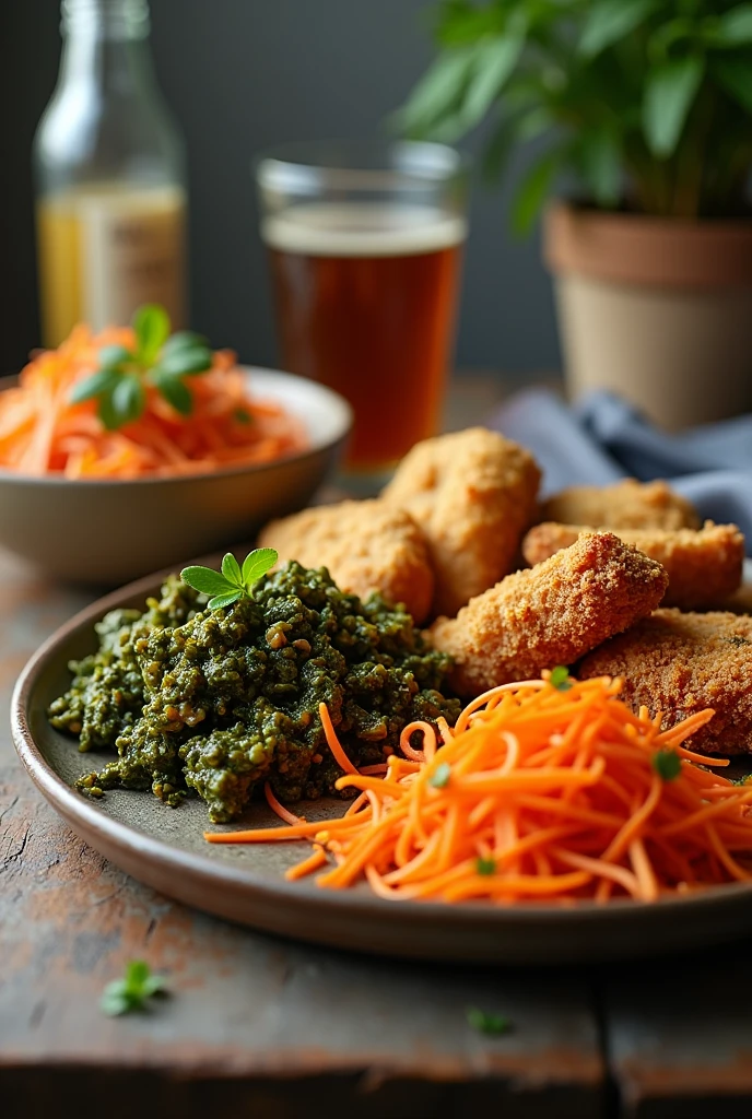 Fried greens with fried chicken and carrot salad