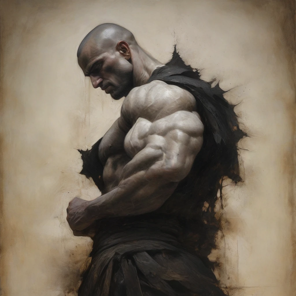 Macabre style, dark, highly detailed, bodybuilder with shaved head, very tall, arms on head, (masterpiece, best quality:1.4) , in the style of nicola samori,