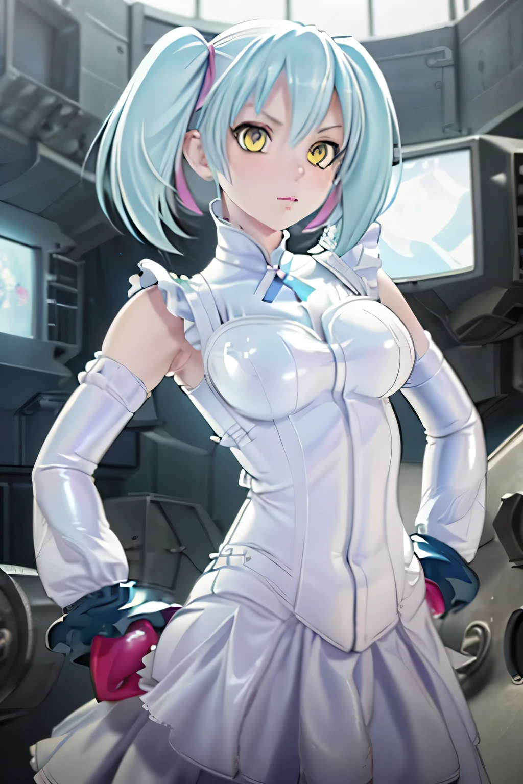 Perfect Anatomy　Highest quality,Highest Resolution,(((White latex dress　Light blue hair)))　8k　Yellow Eyes　Advance Wars Tabitha