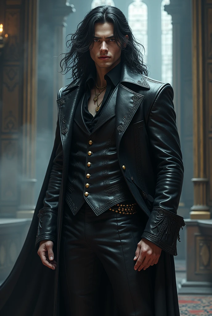 That certainly helps! So your character is a Sorcerer of dark Magic, who lives in a Victorian style world and is 20 years of age. He's a tall, athletic person and has pale grey eyes and long black wavy hair. He also wears a leather suit of some kind. He's extremely hot and eye-catching.