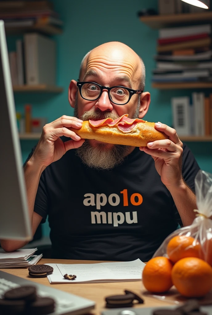 white male, 40 year old, baldie, completely smooth face, no fur, cheeky, Scrawny, but very pot-bellied, wearing glasses and eating baguette with lots of ham. Sitting behind a rather messy desk with a computer, stacks of papers, Oreo crumbs and cookies. Wearing a black shirt with the following phrase: APO1O MPU. a bag with tangerines on the table.