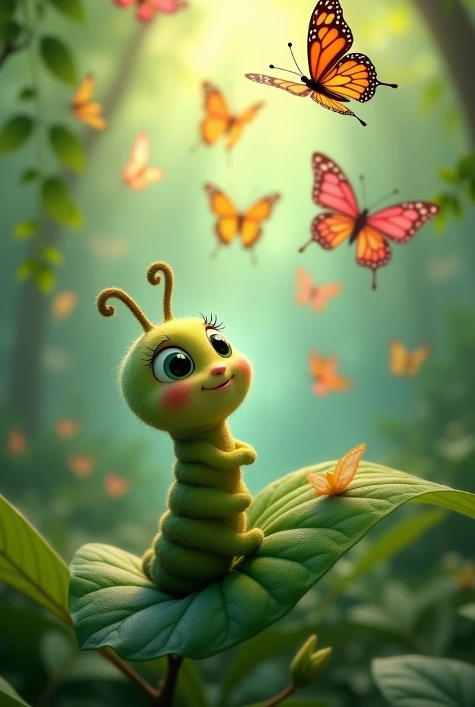 A group of vibrant butterflies flying around. Catterpilar is looking up at them with wide eyes, a little smile on her face.