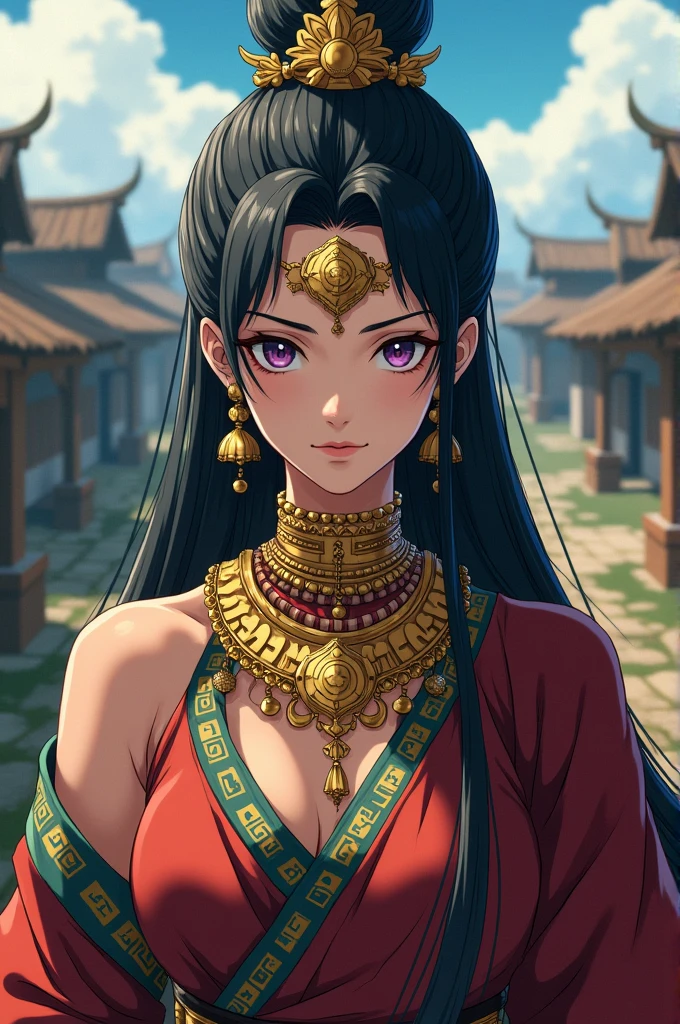 Black village woman with ancestral clothes and golden necklaces anime style nanatsu no taizai