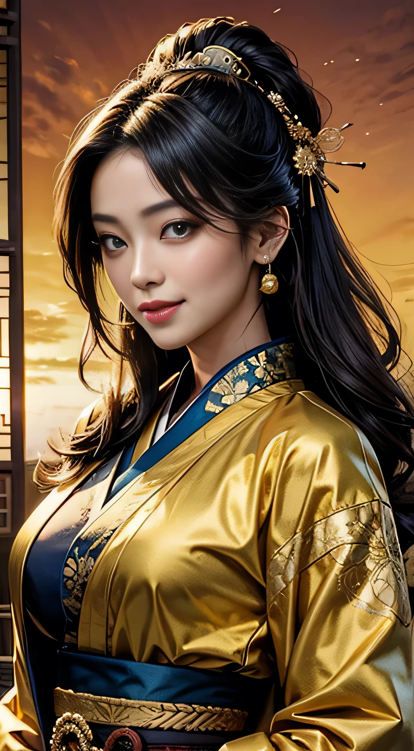 sfw, Beautiful Asian woman with a flirtatious smile, Super busty Ronin wearing a gold lace kimono, Meiji Restoration, blue eyes, focused on the audience, Jimbo's, cleavage, Drop your shoulders, hd, Uhd, WLOP, art germ, braided hairstyles, big anime eyes, realistic eyes, very detailed目, natural skin, natural skin texture, Scattered beneath the surface, calm colors, skin pores, perfect face, perfect eyes, perfect lips, supple female form, Brilliant, cinematic, film light, very detailed, surreal, masterpiece, in the atmosphere, High resolution, lively, high contrast, dark angle, 8k, hdR, 500 pixels, view from above, half body portrait, wearing bra,((skinny waist)), young asian girl, ((big breasted)),