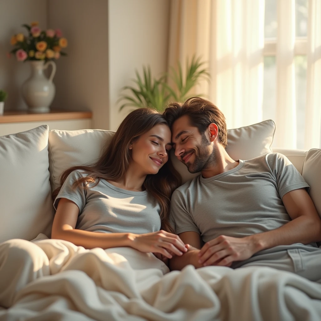 happy marriage, man and woman are 30 years old, woman with long brown hair, in living room, interior decoration with pastel colors, large room, both resting on white sofa,
covered breasts, grey t-shirt, laughing, natural lighting, soft texture, hyper realistic, 4k, highly detailed, cinematic lighting, warm color tones, photorealistic, masterpiece, intricate details, elegant, beautiful, charming, soft color palette, pastel colors