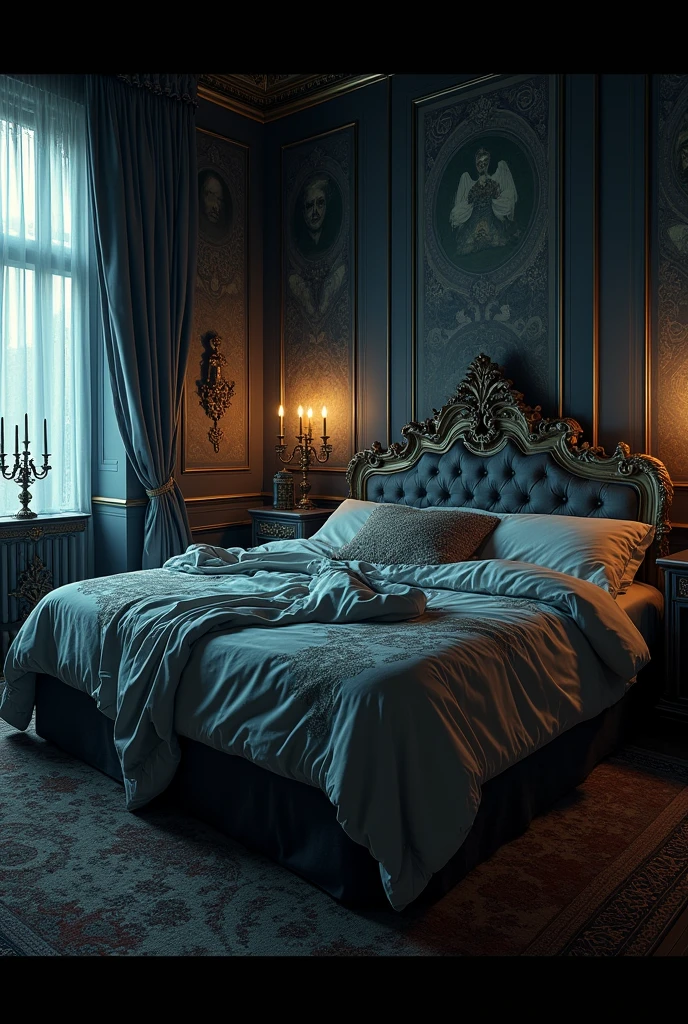 Double bedroom, Gothic and luxurious style, cold colors and messy bed