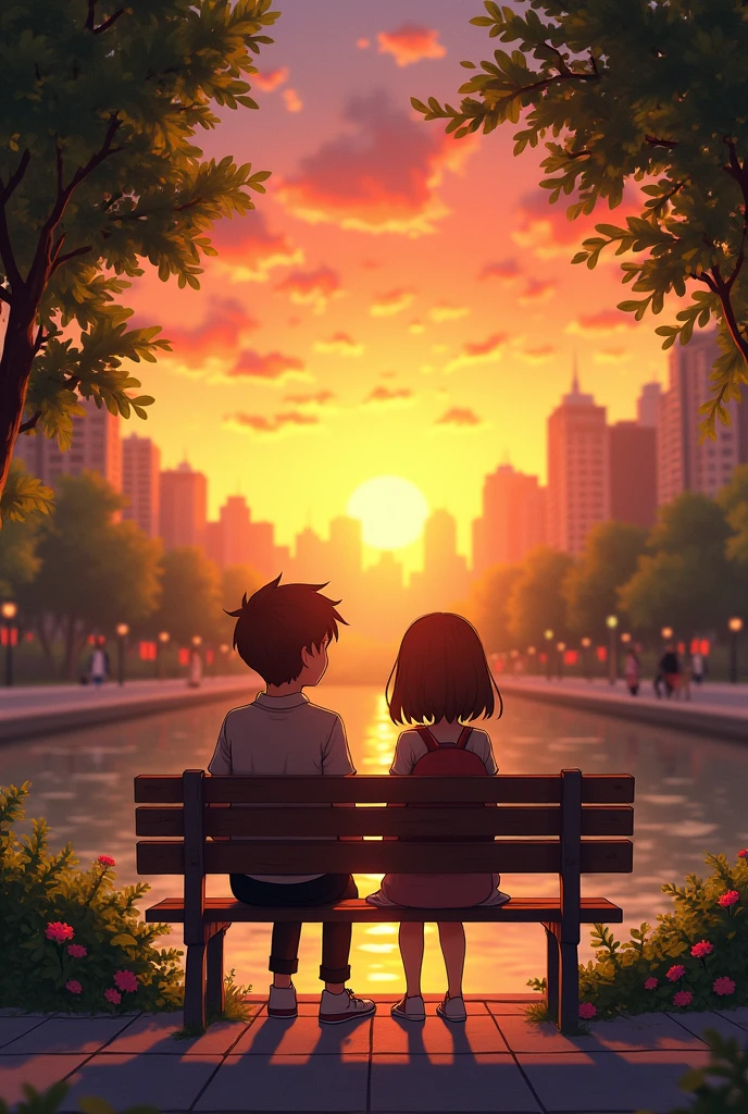 That's it, and now make a drawing of these same characters but they are sitting on a bench and in front of them there is a sunset.