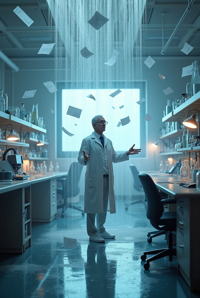 A wide shot of the lab with everything frozen in time. The camera captures the stillness of the scene: a scientist is frozen mid-sentence, a coffee cup is suspended in mid-air with droplets hanging motionless, and papers hang suspended, creating a surreal atmosphere.