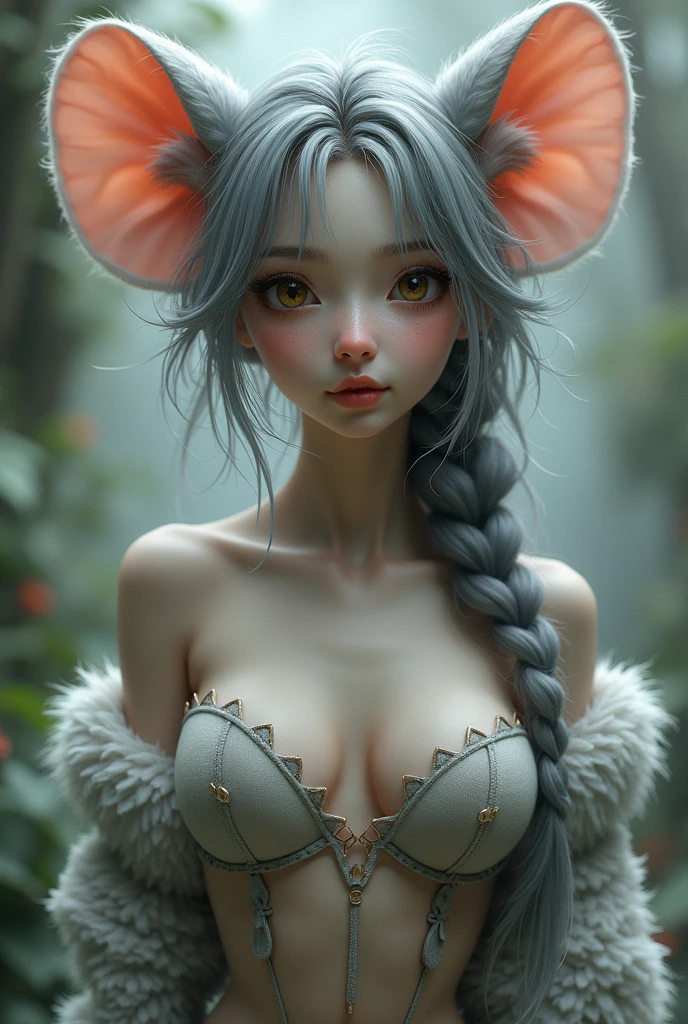 one girl, mice ears, , pure, cute naked, topless, a Woman mice mix, human Body, big tits, furry and skin, mice nose but the Rest of the face ist human, (((whiskers))) big eyes, Grey fur, Cat eyes, hybride 30 %mice an 70 % human, face mostly woman, Grey Hair , braid, fur instead of skin at Body Arms and shoulders and neck, tits are human, human Body, the mice nose is hairy , nipples, fur ist Grey but White in stomach