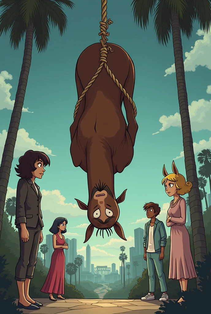 Create the image of the tarot card "The Hanged Man". But all done within the universe of the Bojack Horseman series. Other characters from the series can be seen around, But the one hanging is the character of Bojack Horseman. The image must be as similar as possible to the character in the series