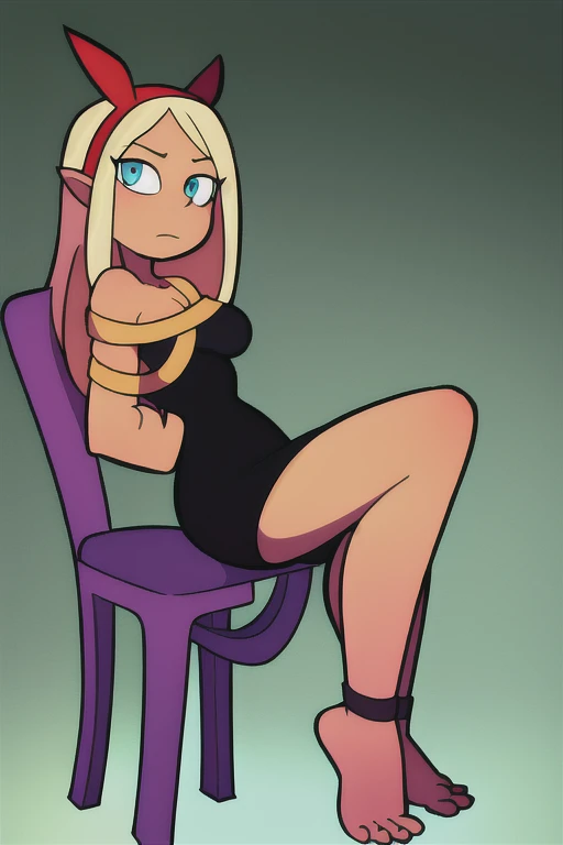 masterpiece, highquality, 1girl,red_fake_horn,hairband, aqua_dress, blonde_hair, blue_eyes, heart, long_hair, star_\(symbol\),pantyhose, ray tracing reflections, perfect faces, fine details, high textures, ultra hyper sharp, insanely detailed and intricate, super detailed, hdr ultra high quality, high detail, 4k,5 toes, black toes nails, tied ankles together, tied arms, Focus full body, with no shoes, sit on a chair,