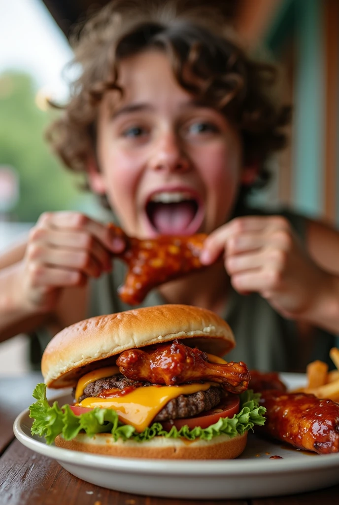 Hamburger eating bbq wing